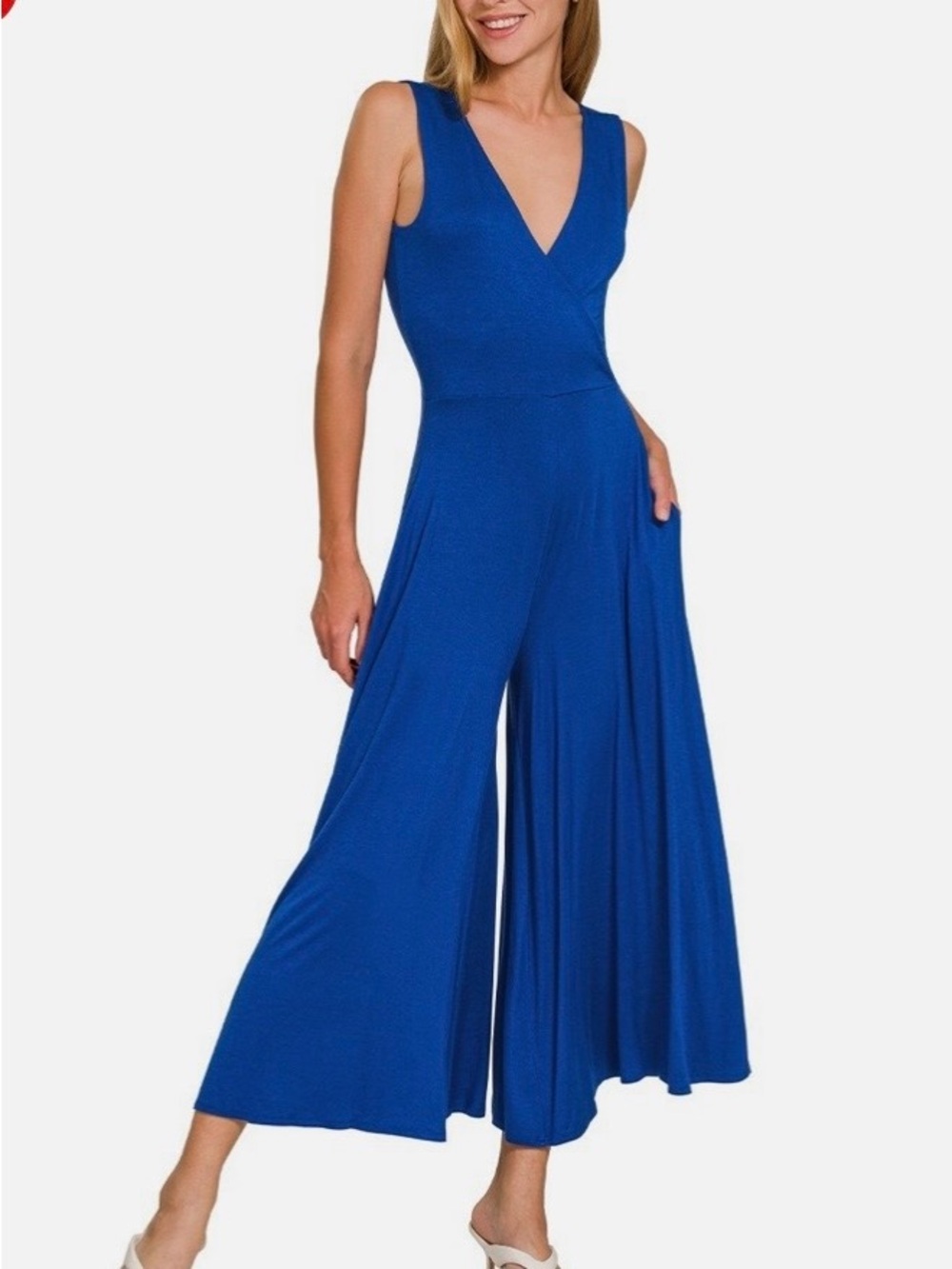 Zenana Outfitters Sleeveless V-Neck Wide-Leg Jumpsuit - Blue